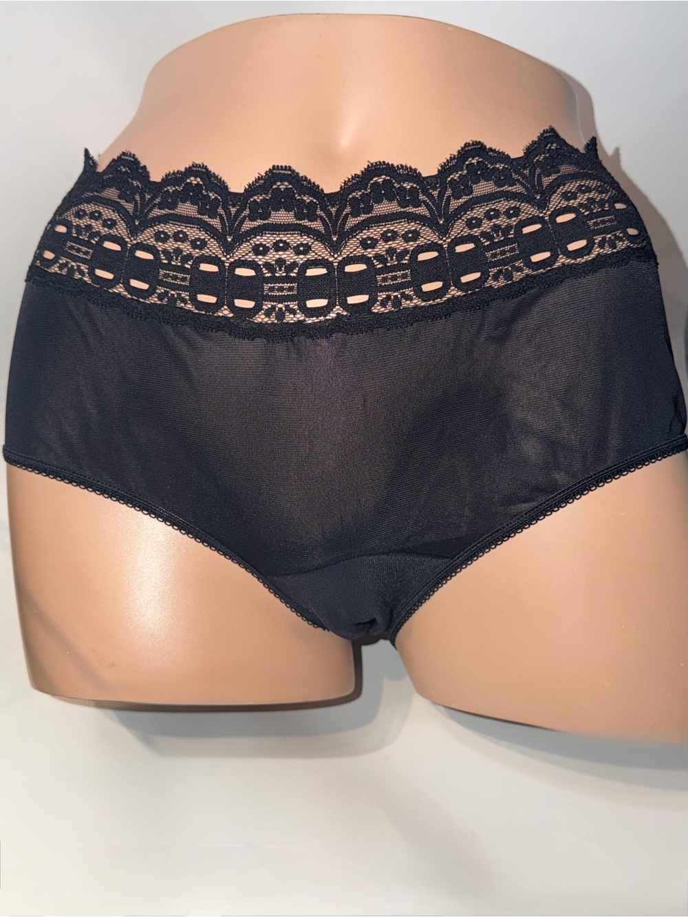 Vintage Olga Secret Hug Scoops Panties Wide Lace Nylon Sheer Black 63913 Sz 7/L